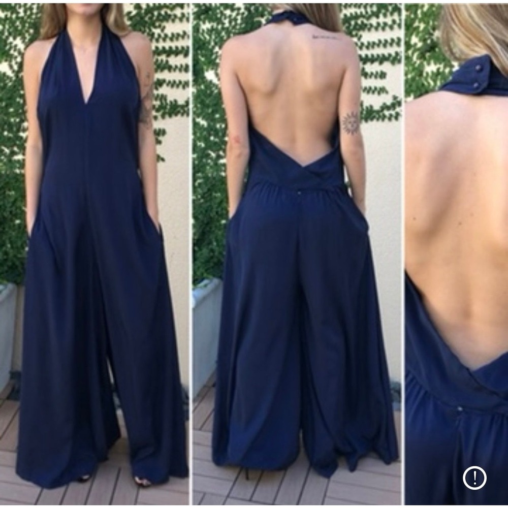 Vintage navy blue overall wide leg jumpsuit romper by Victor Costa at home